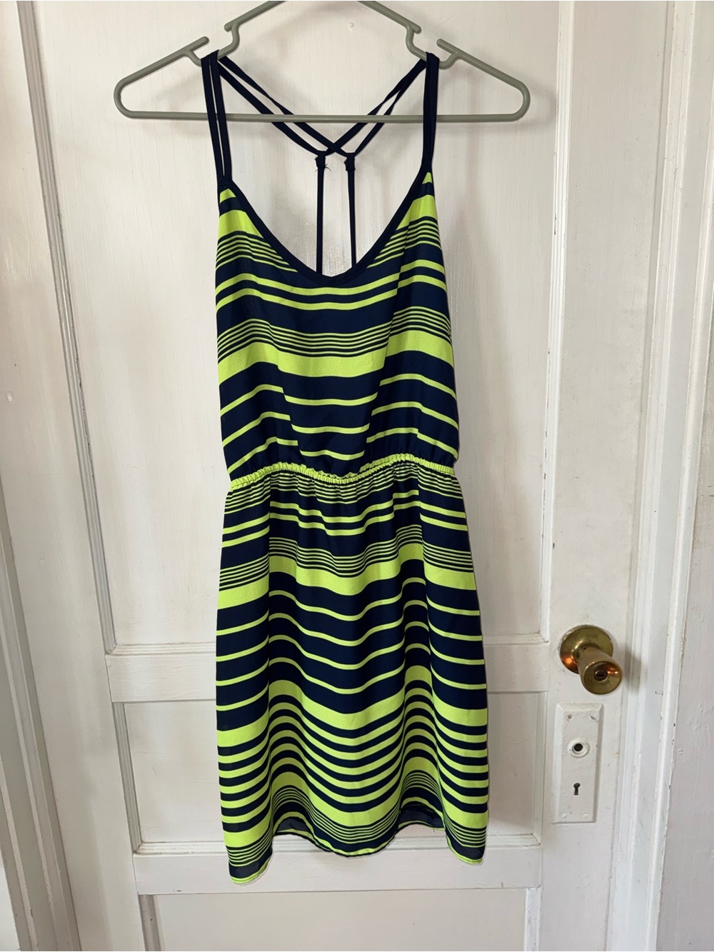 Soprano Navy and Lime Green Striped Mini Dress